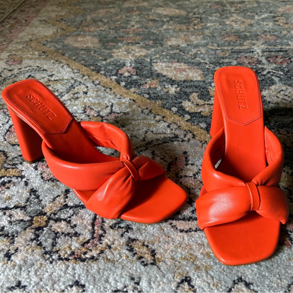 SCHUTZ Fairy High Nappa Leather Heel Square Toe Sandals Flame Orange Sz 7.5